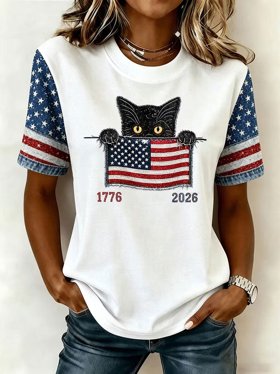Women's American Flag Cat Print Casual T-Shirt