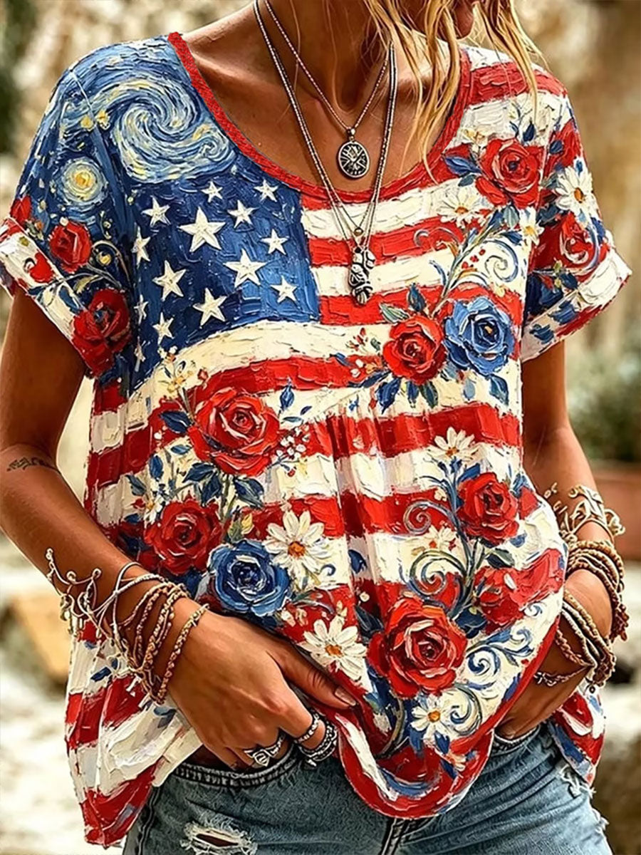 Women's American Flag Floral Print Casual T-Shirt