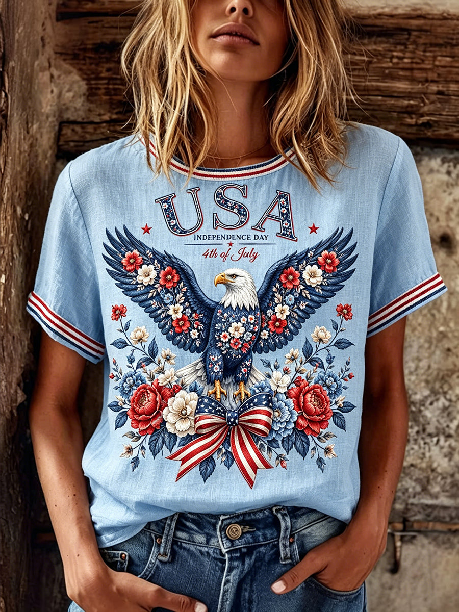 Women's Independence Day Floral Eagle Print Linen Short-sleeved T-shirt