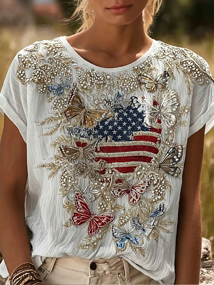 Women's American Flag Butterfly Print Casual T-Shirt