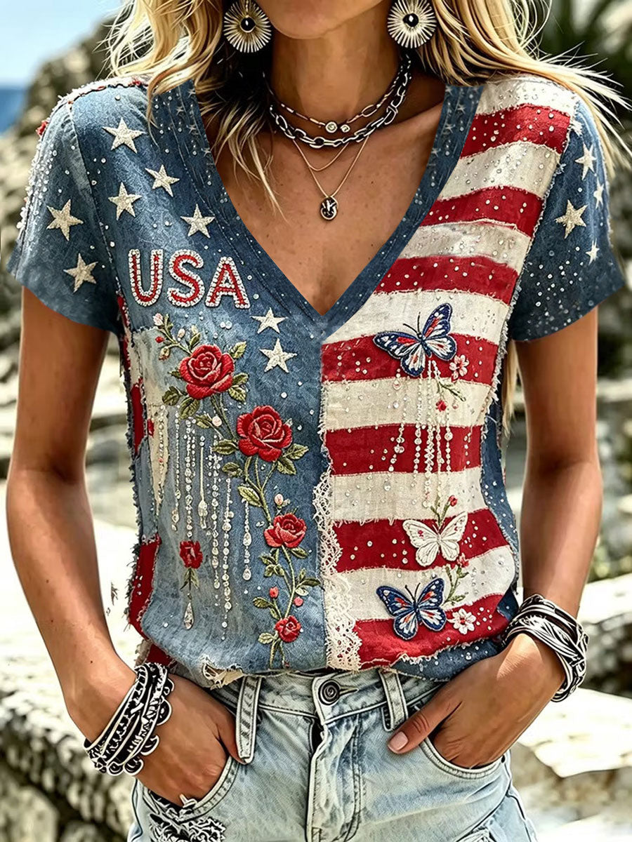 Women's American Flag Floral Print Casual T-Shirt