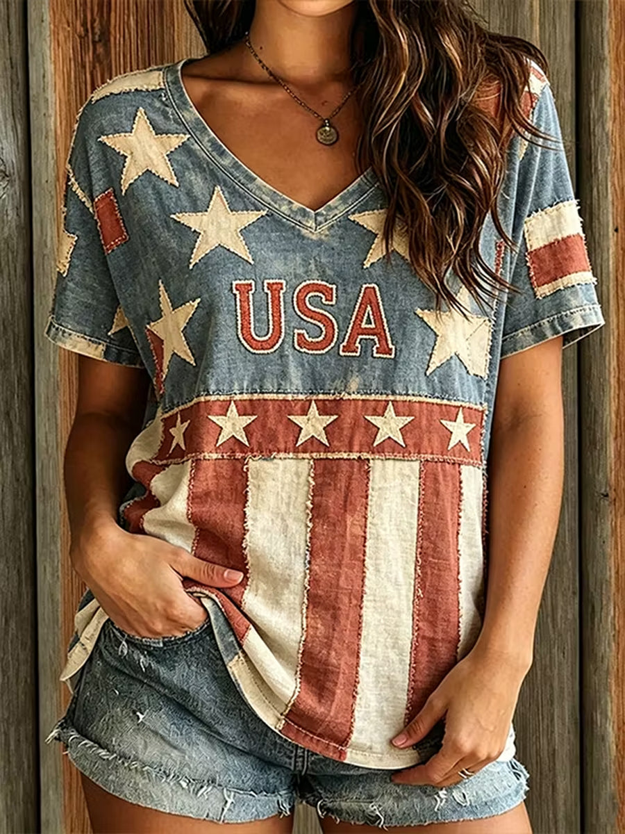 Women's America Floral Printed V-neck T-shirt
