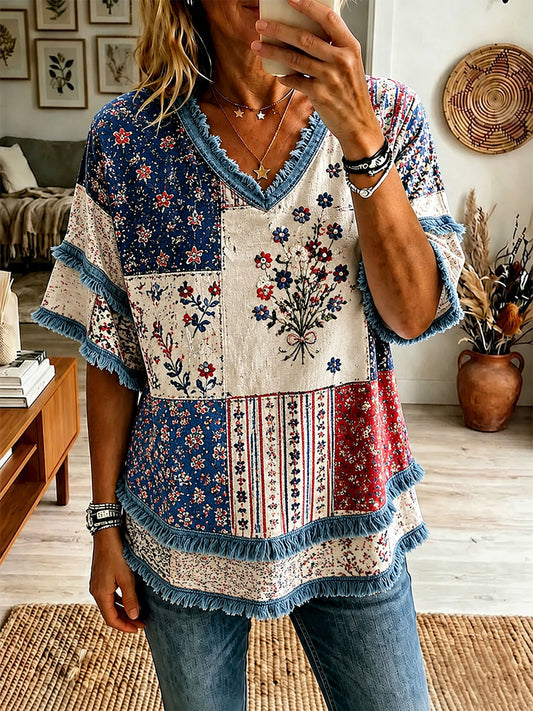 Women's Red, White, and Blue Floral Print Casual T-Shirt