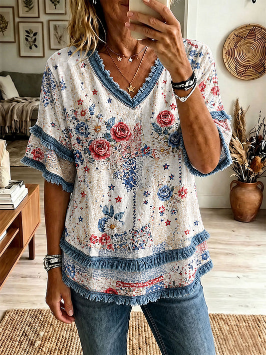 Women's Red, White, and Blue Floral Print Casual T-Shirt
