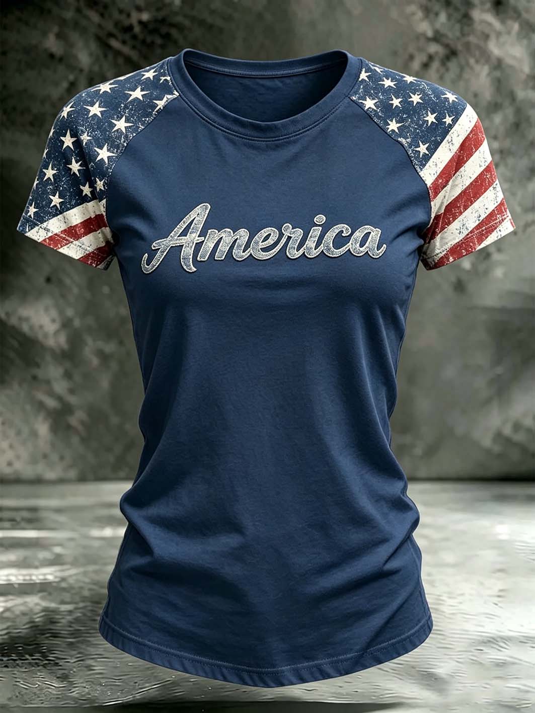 Women's retro American flag element design printed round neck short sleeve T-shirt