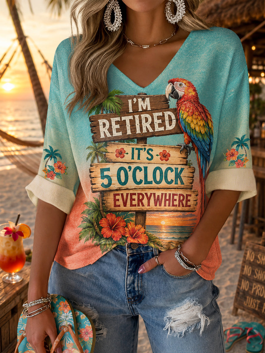 Women's I'm Retired It's 5 O'clock Everywhere Parrot Print Casual Waffle Half-Sleeve Top