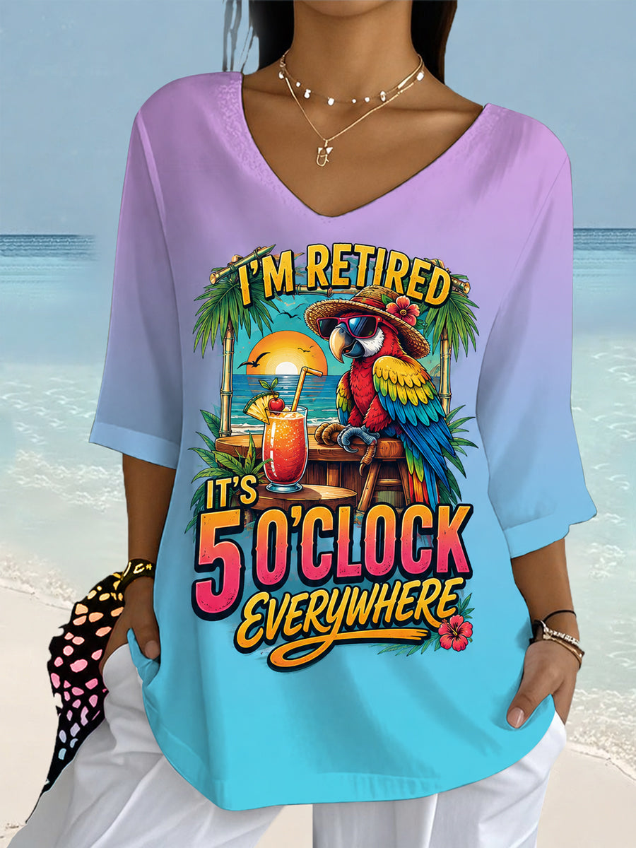 Women's I'm Retired It's 5 O'clock Everywhere Parrot Print Casual Half-Sleeve Top
