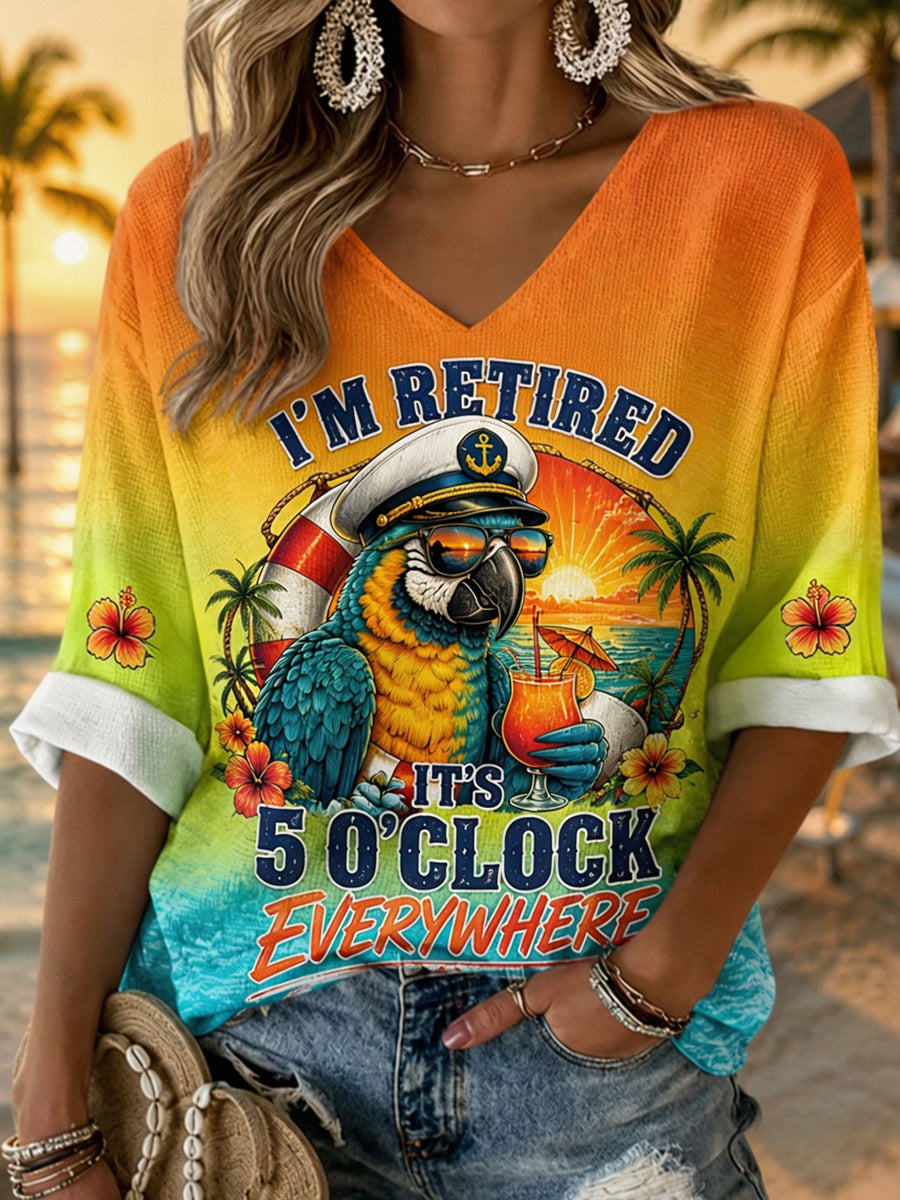 Women's I'm Retired It's 5 O'clock Everywhere Parrot Print Casual Waffle Half-Sleeve Top