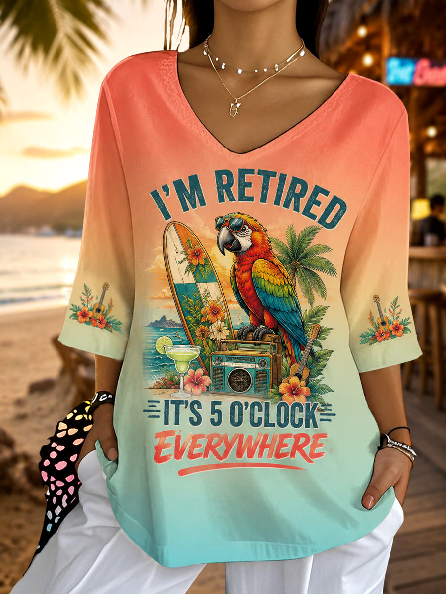 Women's I'm Retired It's 5 O'clock Everywhere Parrot Print Casual Half-Sleeve Top
