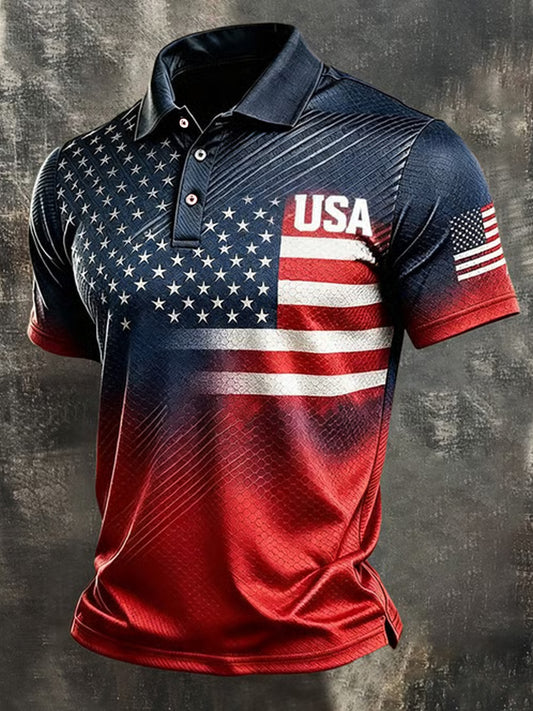 Men's Independence Day USA Flag Print Casual Patriotic Polo