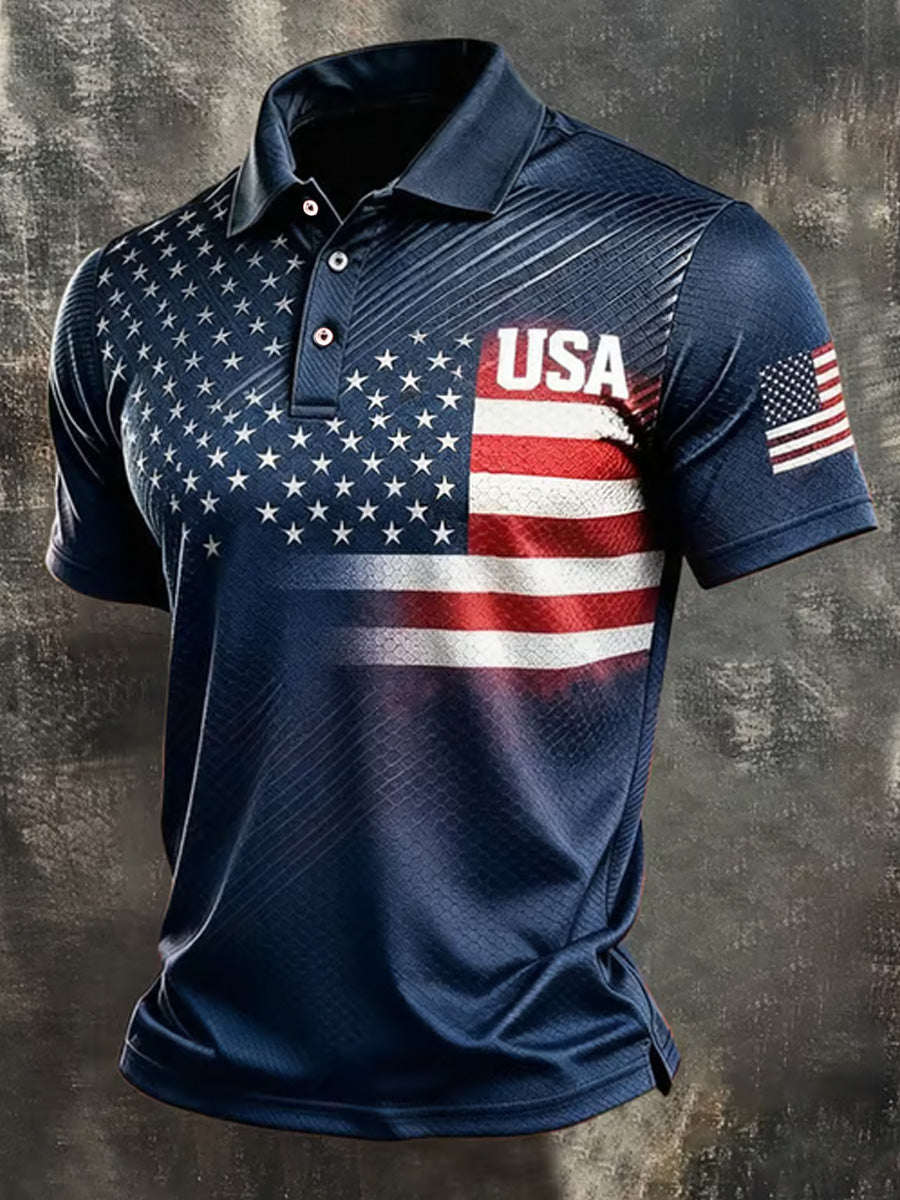 Men's Independence Day USA Flag Print Casual Patriotic Polo