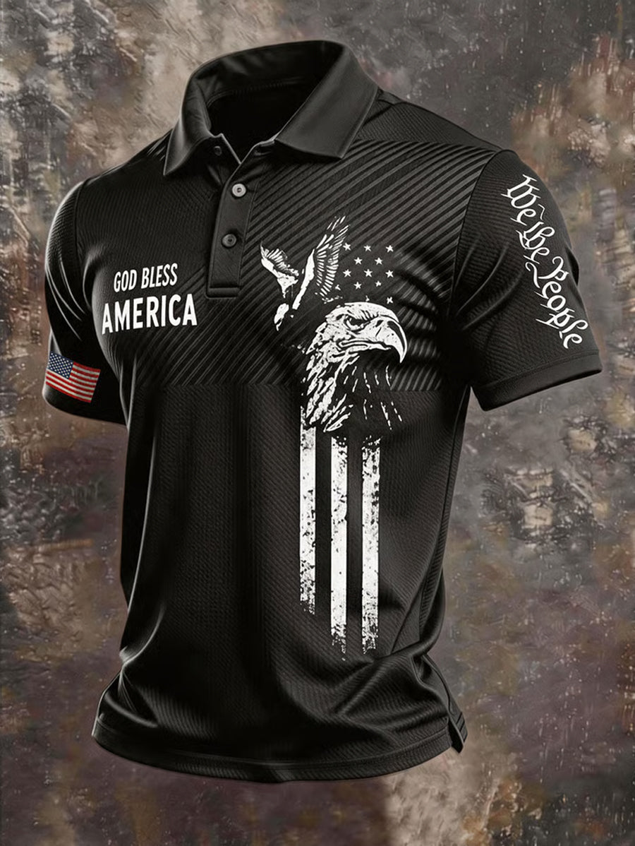 Men's Independence Day USA Flag God Bless America Print Casual Patriotic Polo