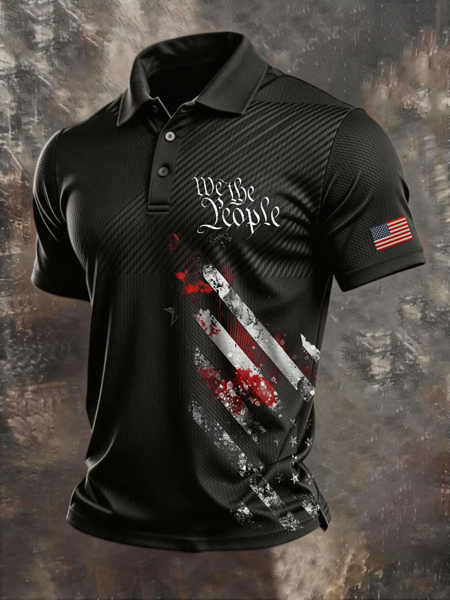 Men's Independence Day USA Flag We The People Print Casual Patriotic Polo
