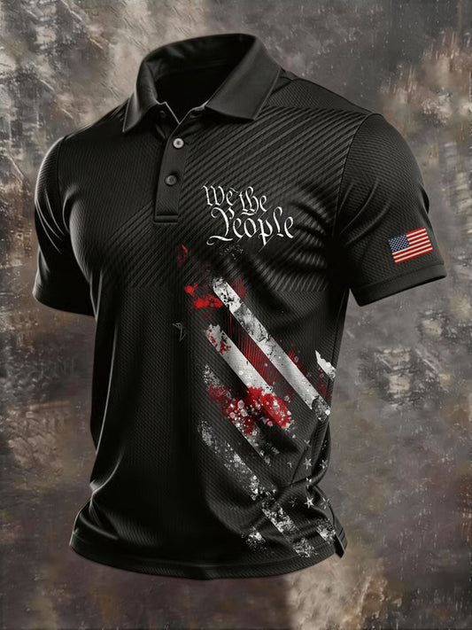 Men's Independence Day USA Flag We The People Print Casual Patriotic Polo