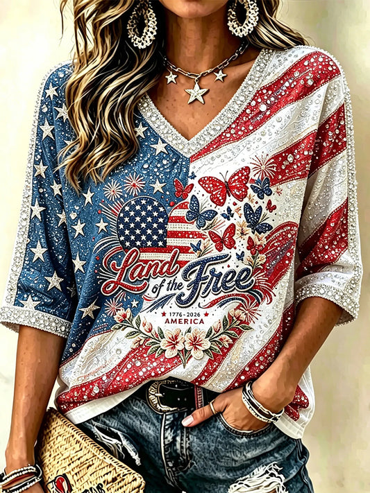 Women's Land Of The Free American Flag Butterflies Print Mid-length Sleeves V-Neck T-Shirt