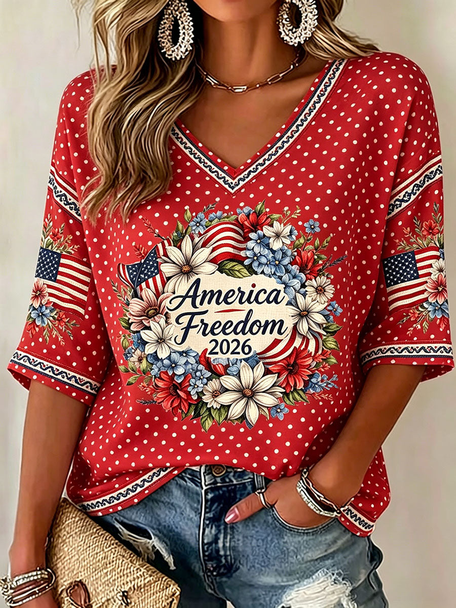 Women's American Independence Day "Freedom" Wreath Casual Waffle T-shirt
