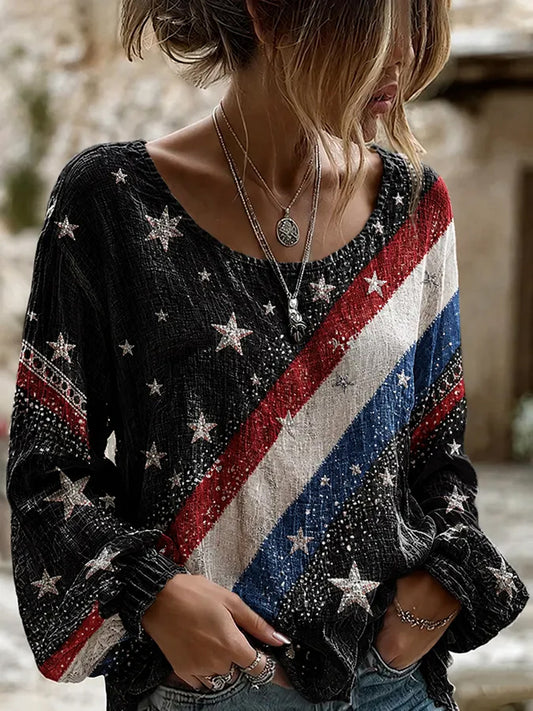 Women's America Print Cotton-Linen Shirt