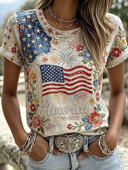 Women's American Flag Floral Glitter Art Short-sleeved T-shirt