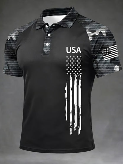 Men's Independence Day USA Flag Print Casual Patriotic Polo
