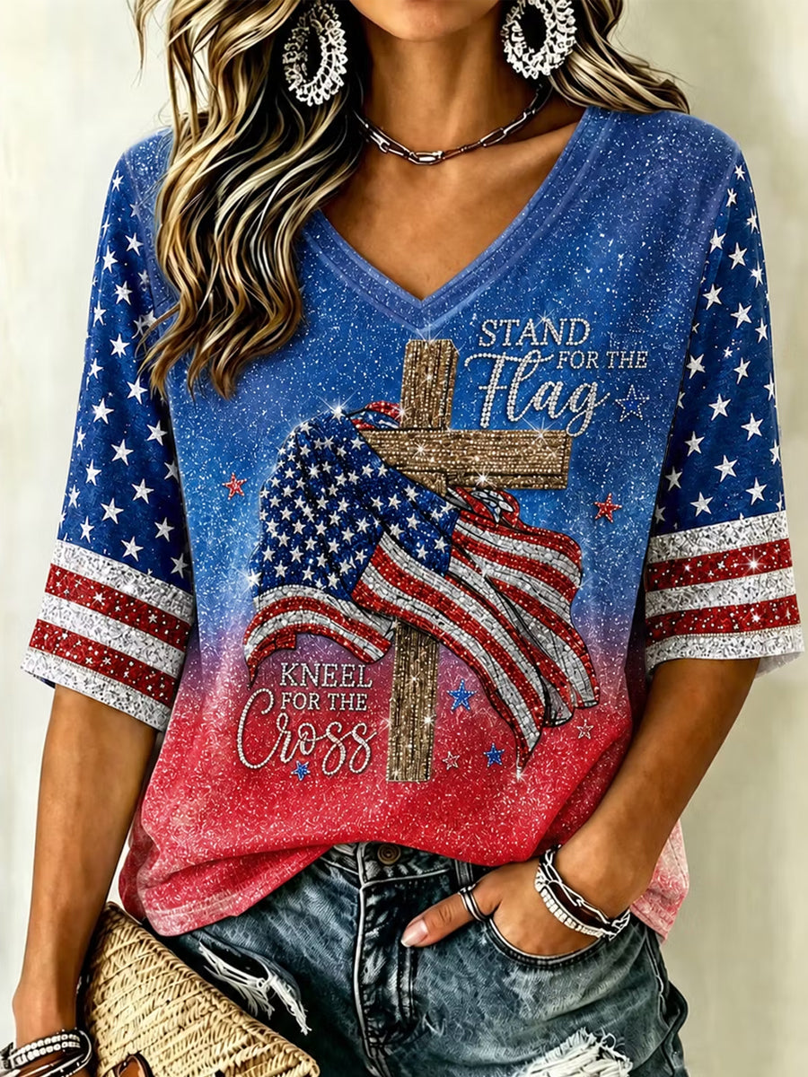 Women's Vintage Independence Day Faith Flag Gradient Print V-Neck T-Shirt