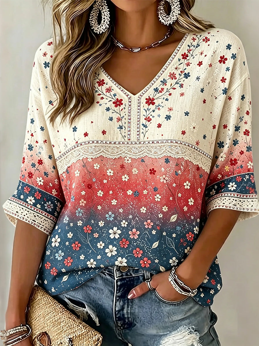 Women's American Flag Color Inspired FLoral Print Mid-length Sleeves V-Neck T-Shirt