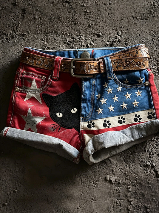 Women's Peeking Cat & Paw Prints American Flag Print Denim Shorts