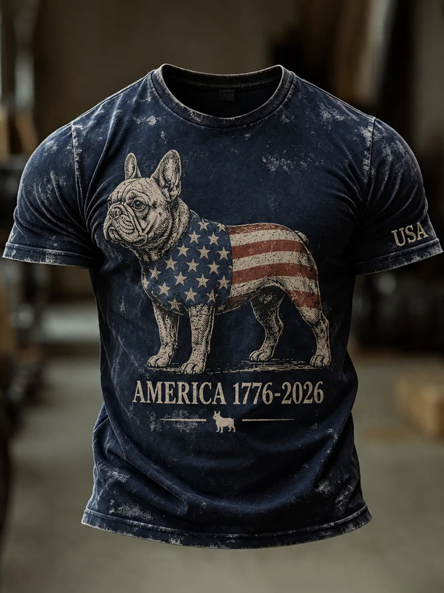 Men's Independence Day USA Flag Dog Print Casual Patriotic Tee