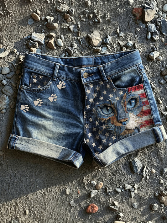 Women's Cat Face & Paw Print American Flag Print Denim Shorts