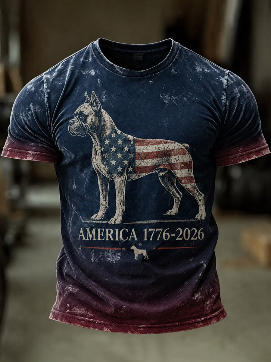 Men's Independence Day USA Flag Dog Print Casual Patriotic Tee