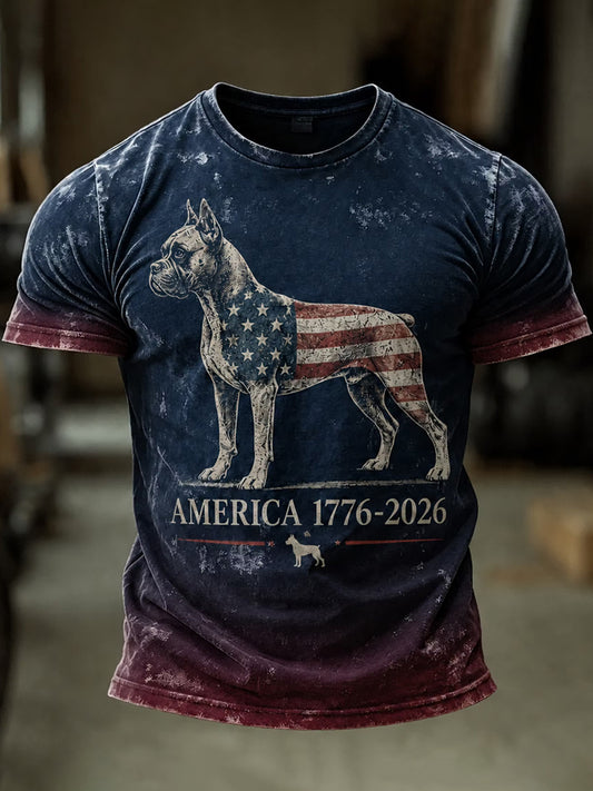 Men's Independence Day USA Flag Dog Print Casual Patriotic Tee