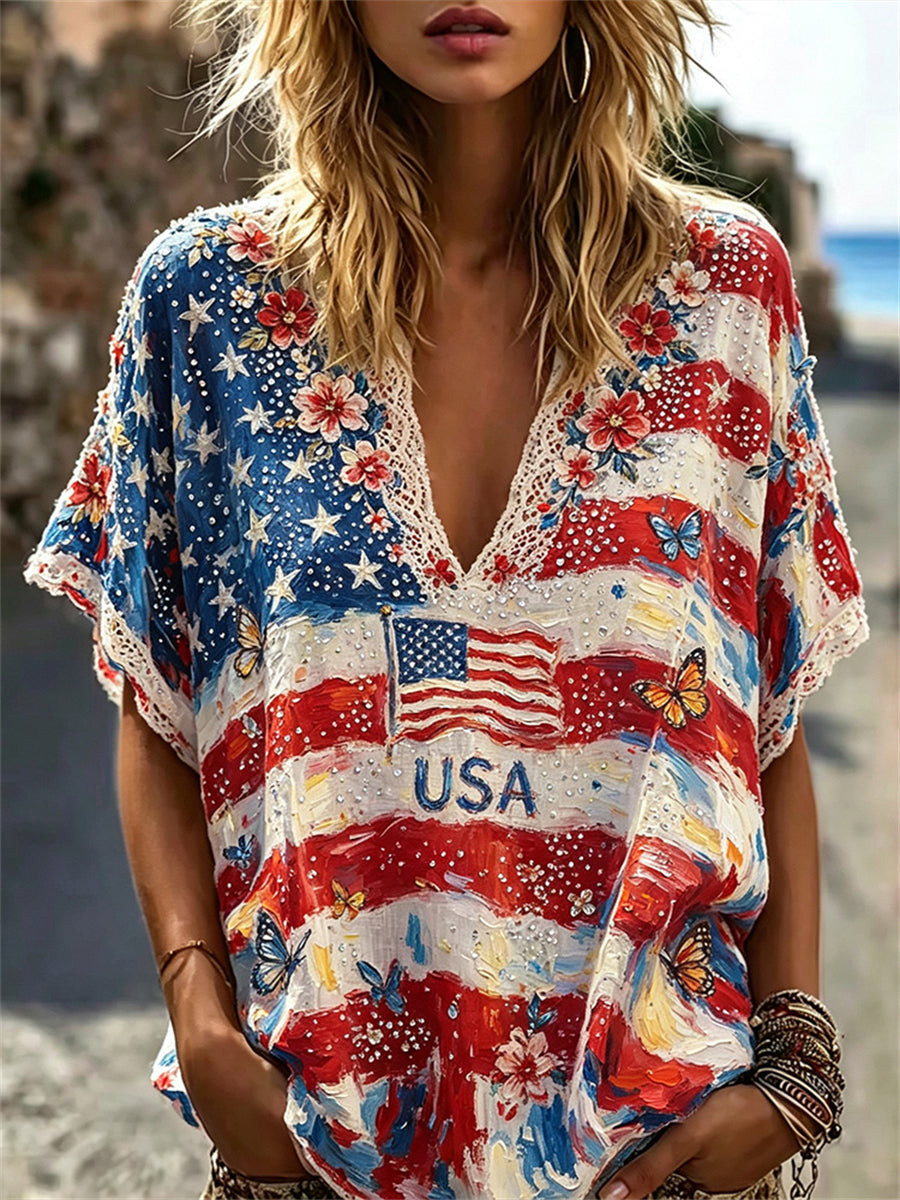 Women's USA American Flag Butterflies Floral Oil Painting Print Cotton-Linen Shirt