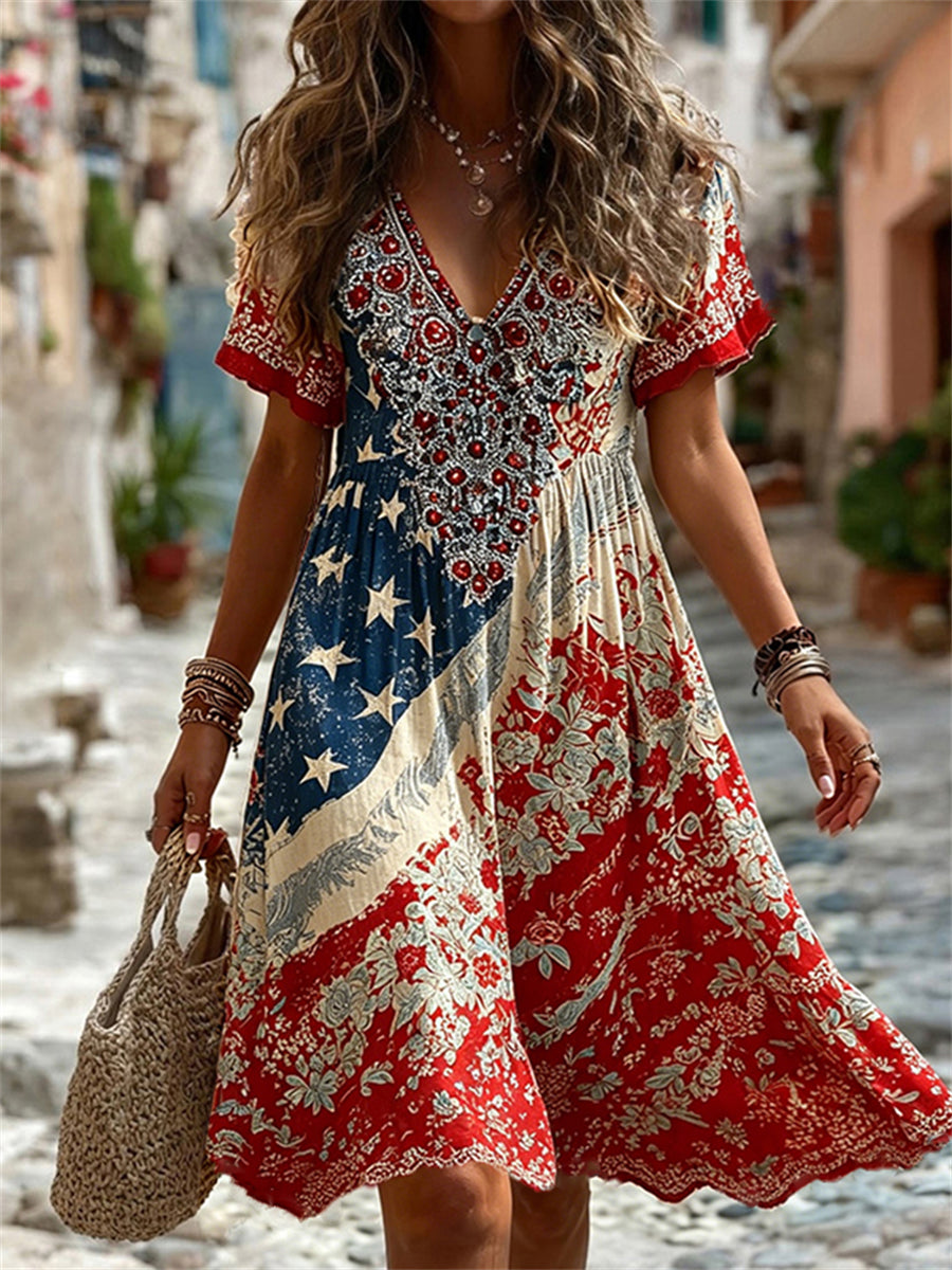 Women's Vintage American Flag Western Floral Print Flowy Short Sleeve Dresses