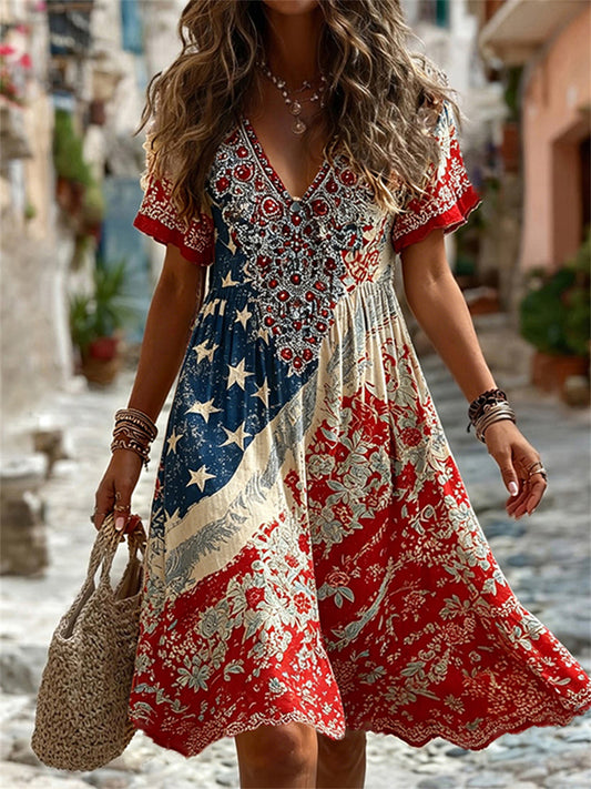 Women's Vintage American Flag Western Floral Print Flowy Short Sleeve Dresses