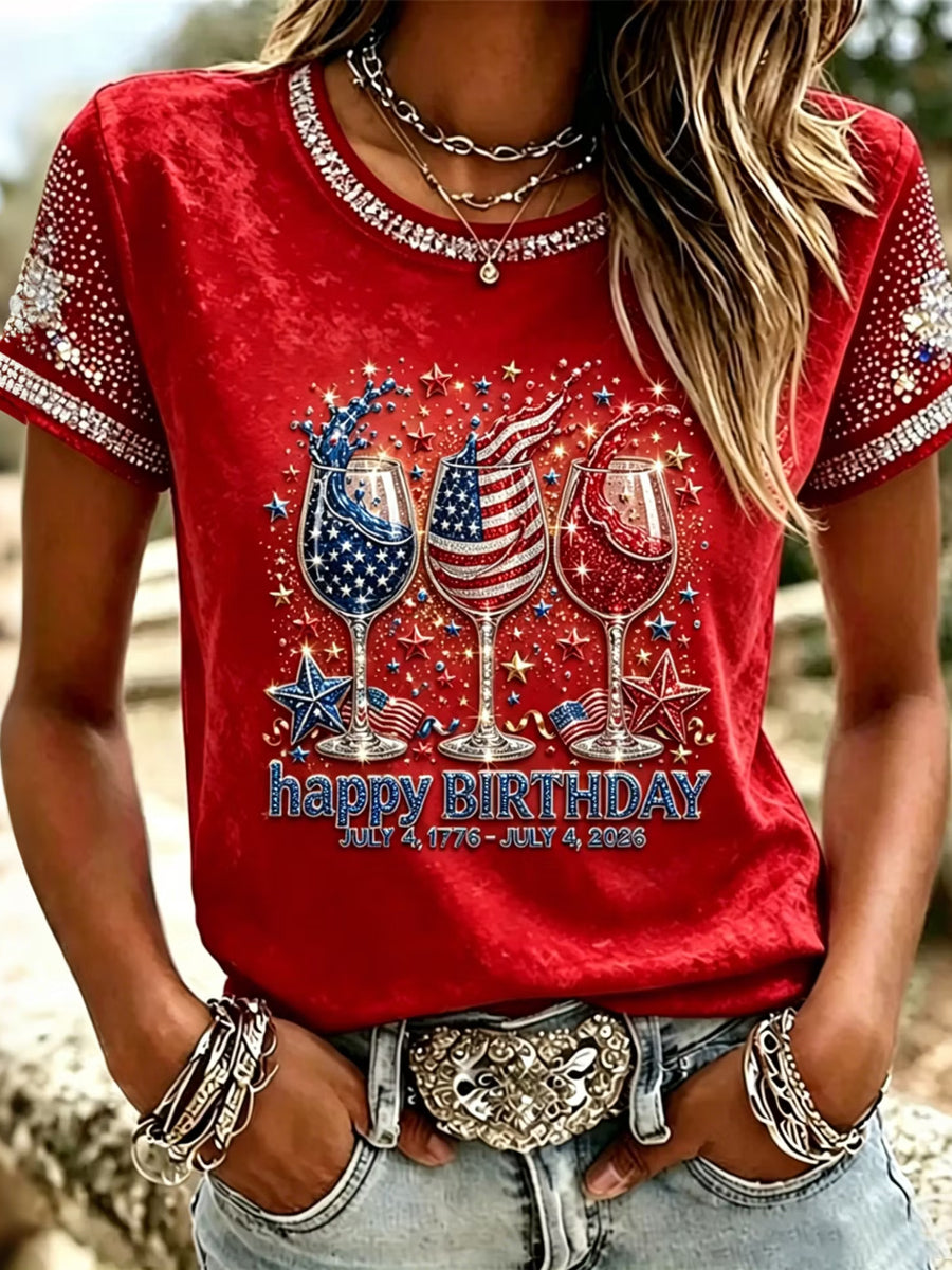 Women's Vintage Independence Day Inspired Pattern Print Short-sleeved T-shirt