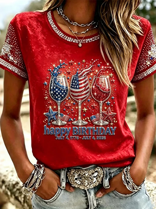 Women's Vintage Independence Day Inspired Pattern Print Short-sleeved T-shirt