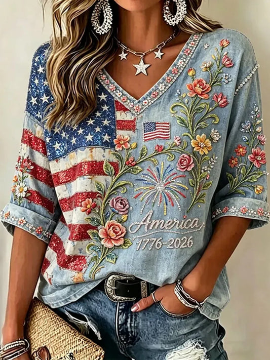 Women's Vintage American Anniversary Flag And Floral Print Mid-length Sleeves V-Neck T-Shirt