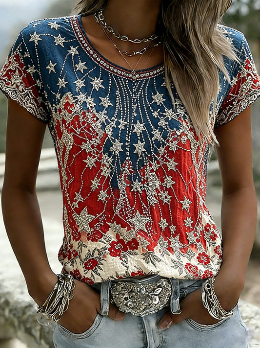 Women's Vintage American Flag Inspired Pattern Print Short-sleeved T-shirt