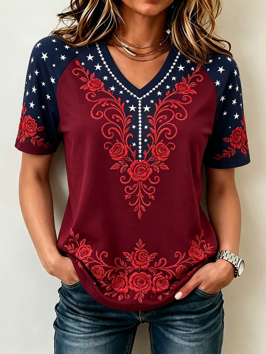 Women's Floral Independence Day  Print Casual Patriotic V-Neck Tee