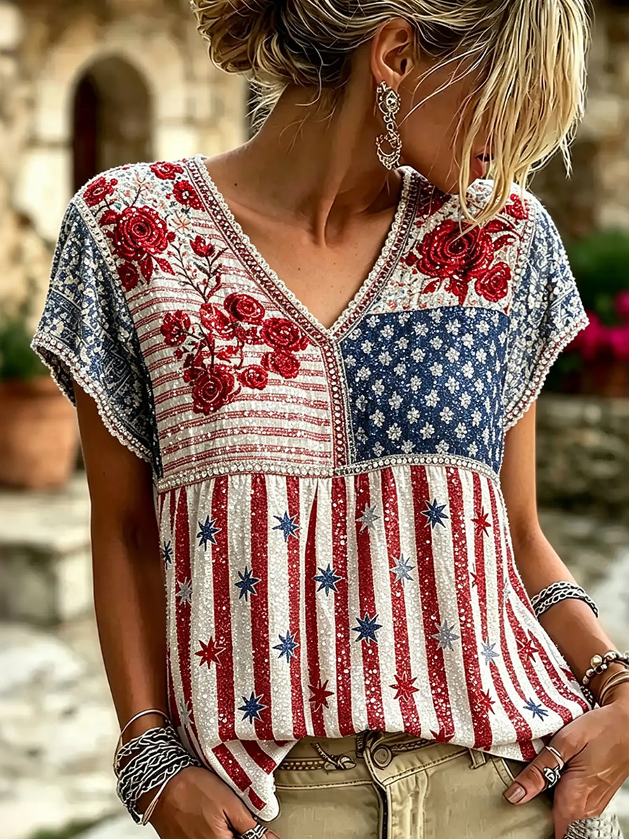 Women's American Anniversary Flag And Floral Print V-neck T-shirt