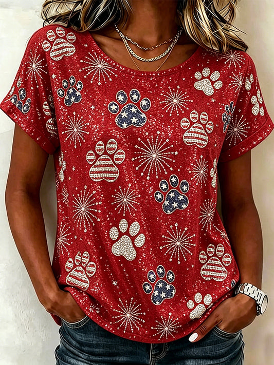 Women's Vintage American Flag Inspired Cat Paws Print Short-sleeved T-shirt