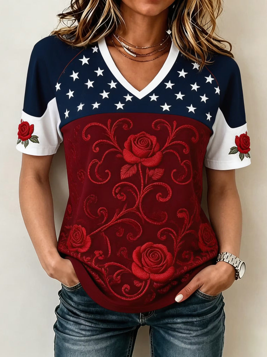 Women's Floral Independence Day  Print Casual Patriotic V-Neck Tee