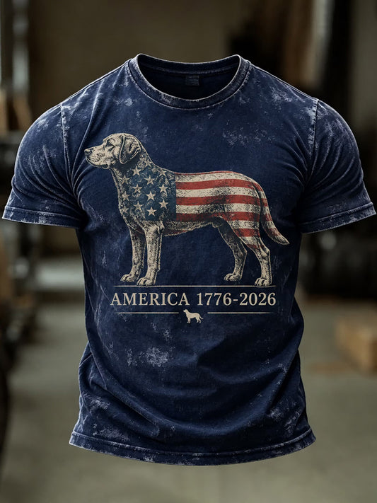 Men's Independence Day USA Flag Dog Print Casual Patriotic Tee