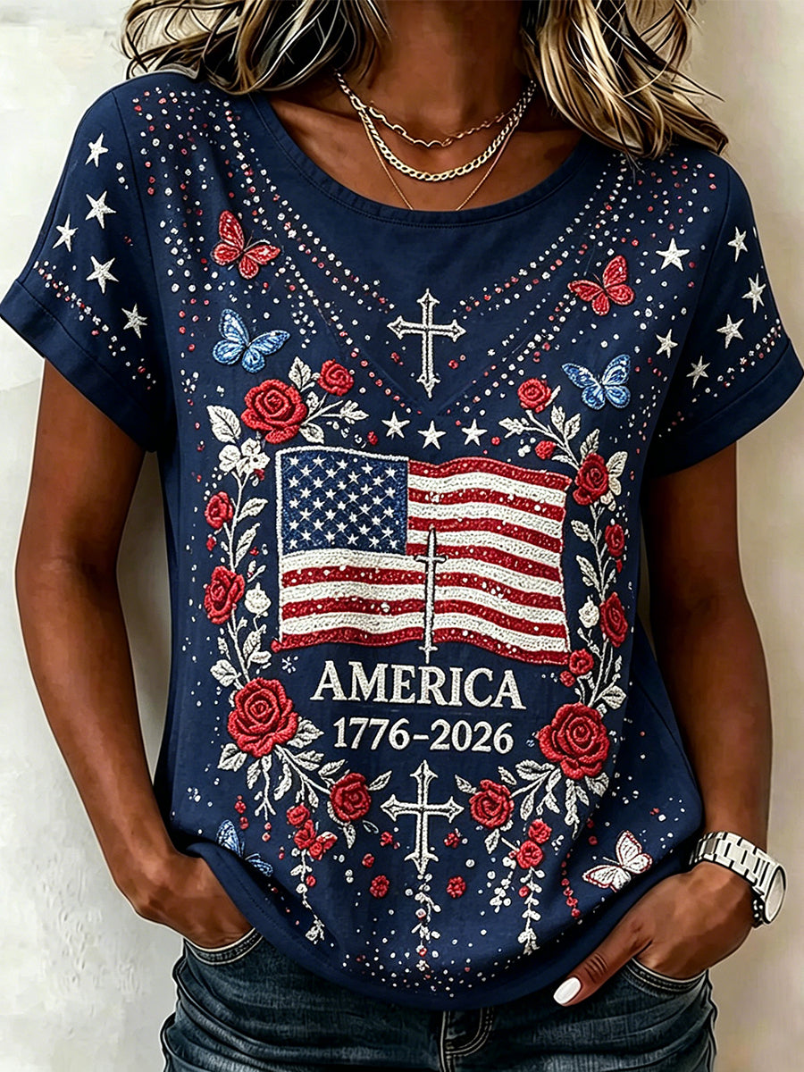 Women's Floral American Flag With Cross Art Print Short-sleeved T-shirt