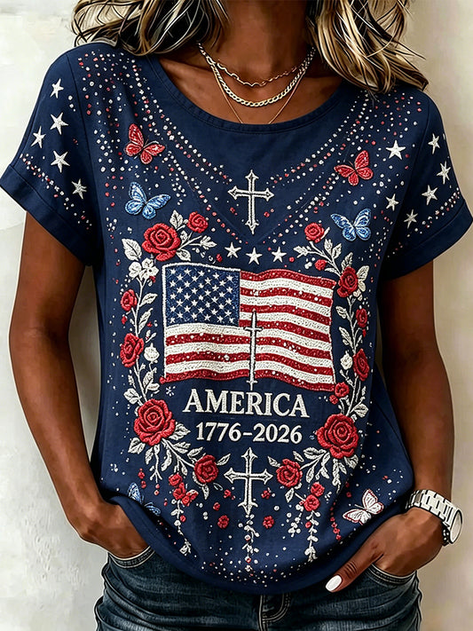 Women's Floral American Flag With Cross Art Print Short-sleeved T-shirt