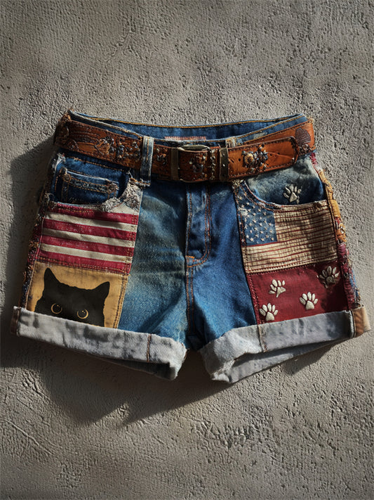 Women's Peeking Cat & Paw Prints American Flag Patchwork Print Denim Shorts