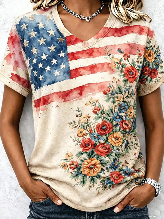 Women's America Printed V-neck T-shirt