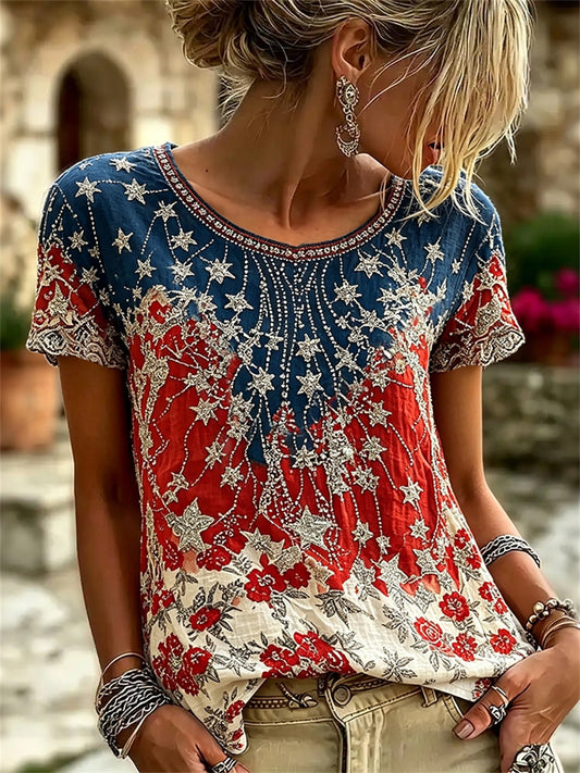 Women's American Flag Inspired Stars Floral Contrast Print linen short-sleeved T-shirt