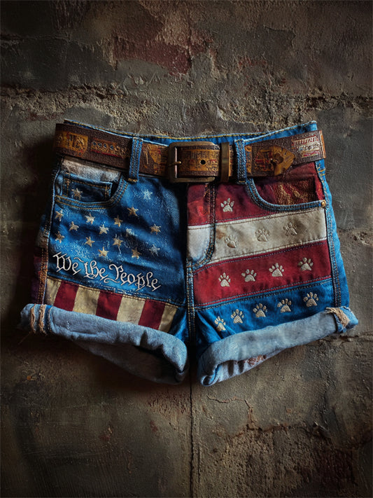 Women's We the People Paw Prints American Flag Print Denim Shorts