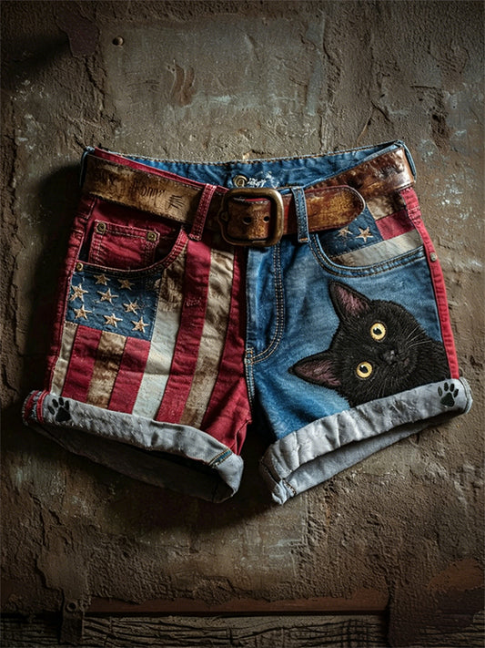 Women's Peeking Cat & Paw Prints American Flag Print Denim Shorts