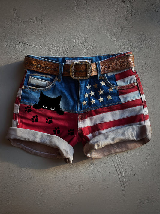 Women's Peeking Cat & Paw Prints American Flag Print Denim Shorts